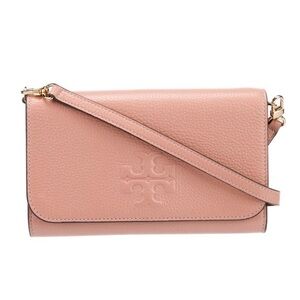 NWOT Tory Burch Thea Flat Wallet Pebbled Leather Crossbody In Pink Moon